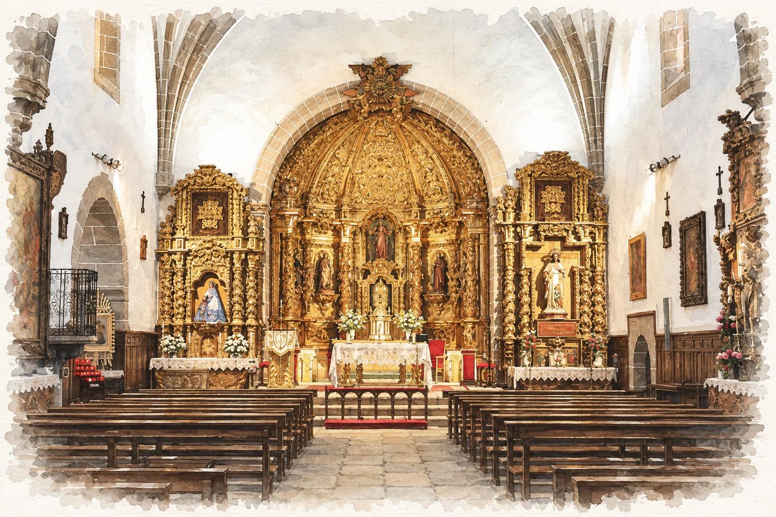 Acuarela del retablo dorado y los bancos de madera del interior de la iglesia