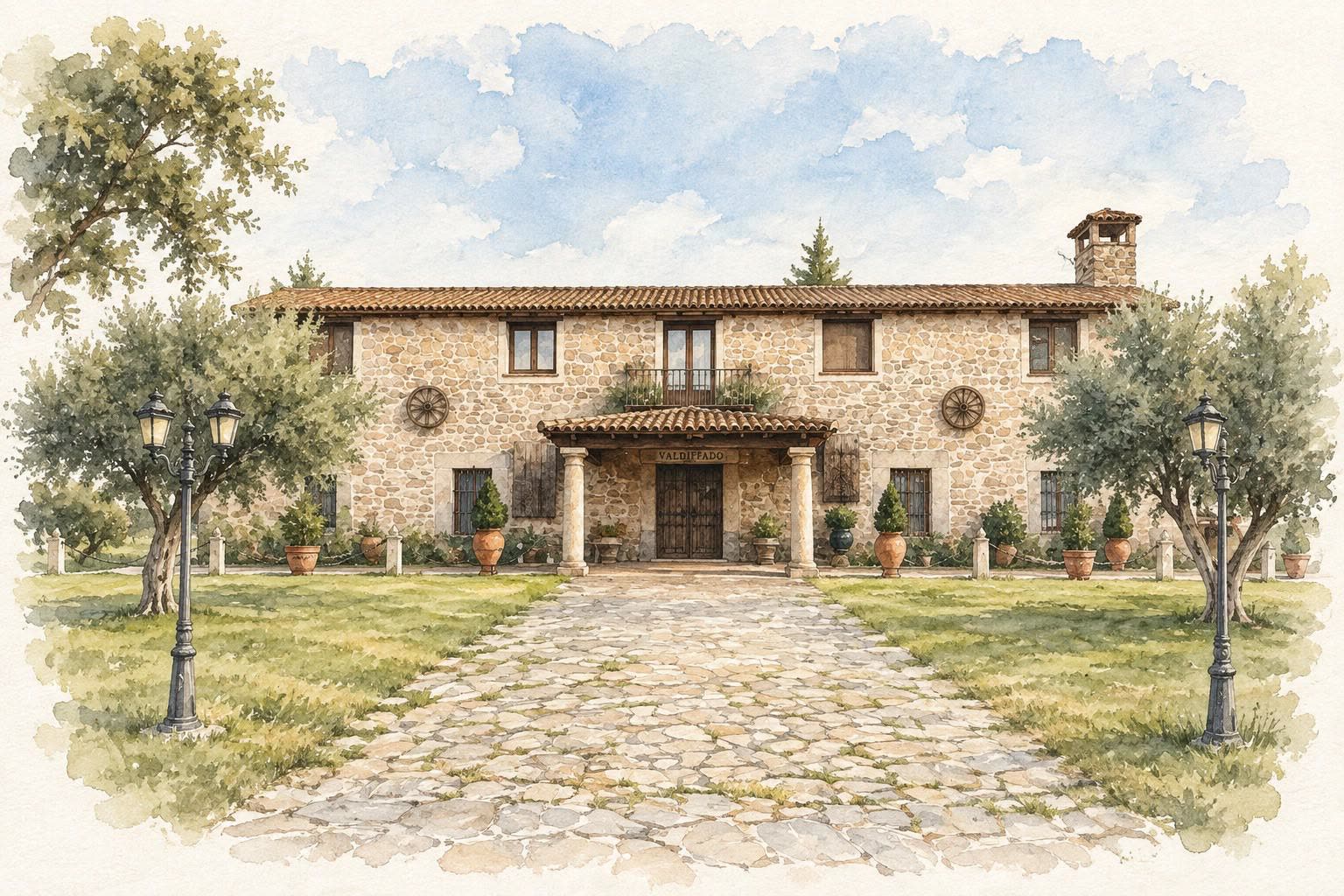 Acuarela de la Finca Valmojado, casa de piedra con olivos y camino empedrado