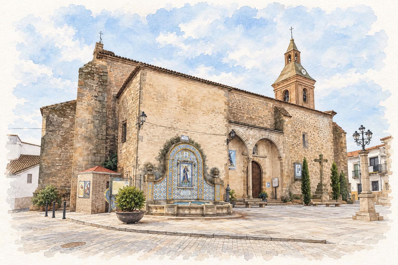Acuarela de la fachada de la iglesia de Santiago Apóstol, con su torre y la fuente de azulejos